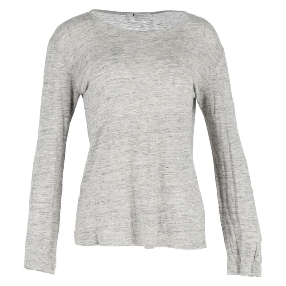 T Alexander Wang Scoop Neck Long Sleeve T-Shirt in Grey Cotton